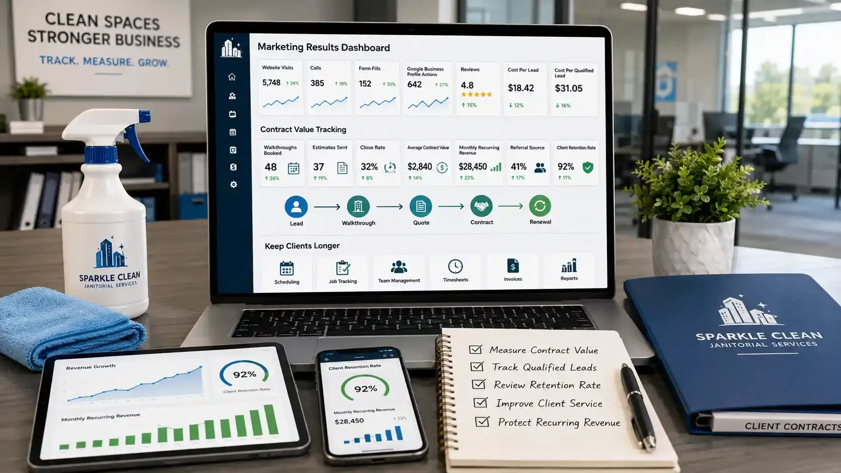 Janitorial dashboard tracking leads, contracts, and retention