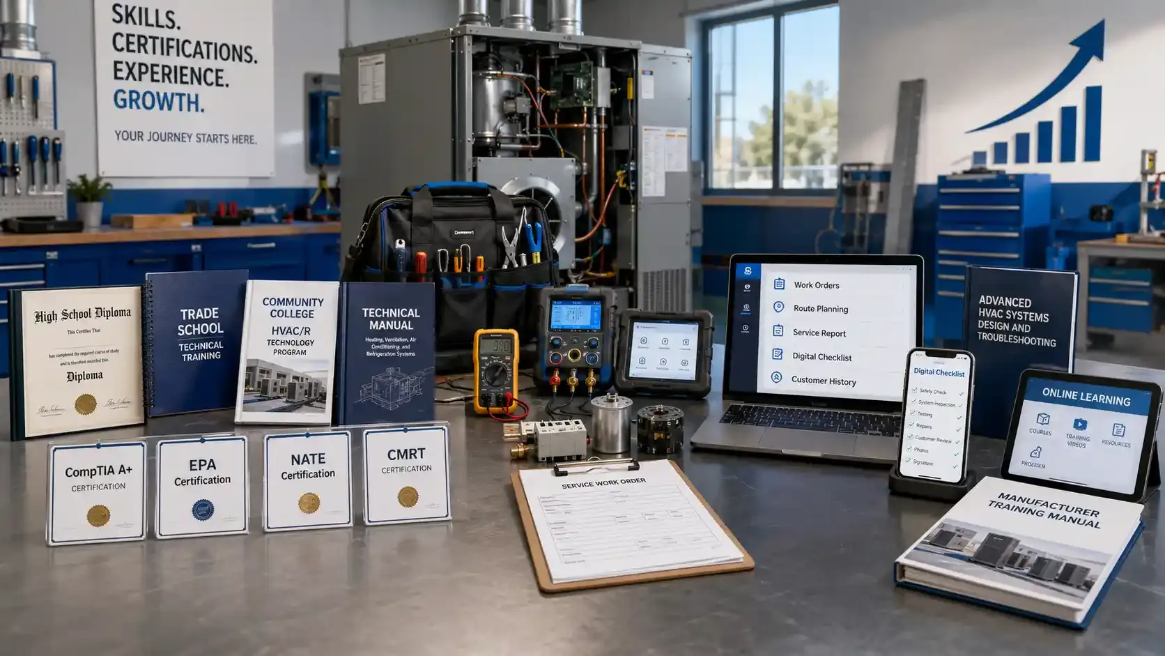 Field service technician training tools, certifications, and software