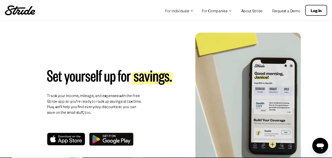 Stride app homepage showing savings dashboard on a smartphone screen