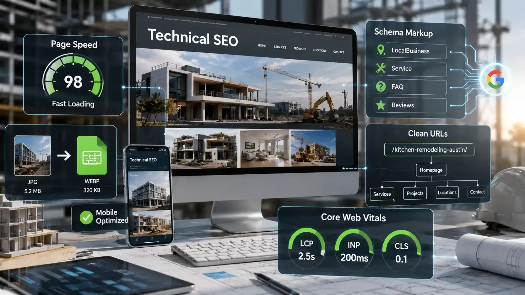 Technical SEO dashboard optimizing a construction website with speed, schema, and Core Web Vitals