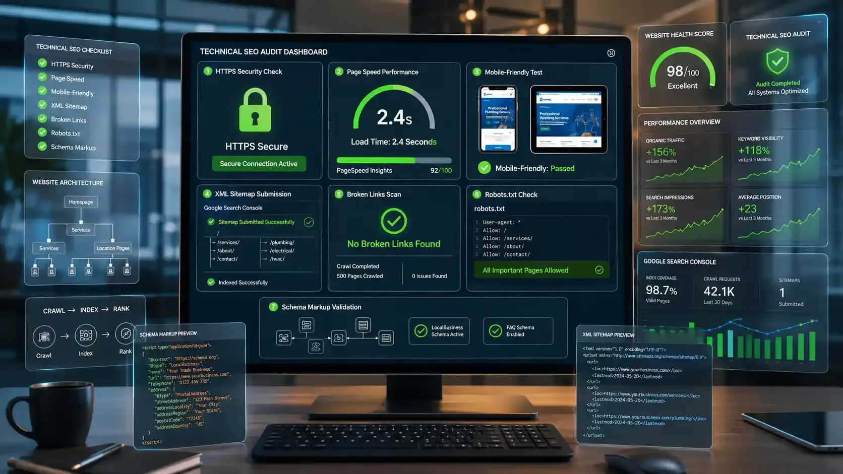 Technical SEO audit dashboard showing HTTPS, speed, mobile and schema metrics