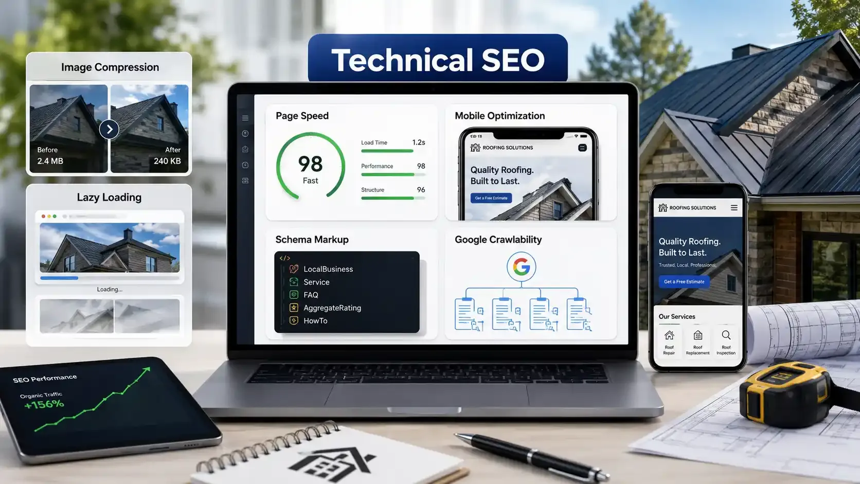 Technical SEO dashboard showing roofing website speed, schema, and mobile optimization