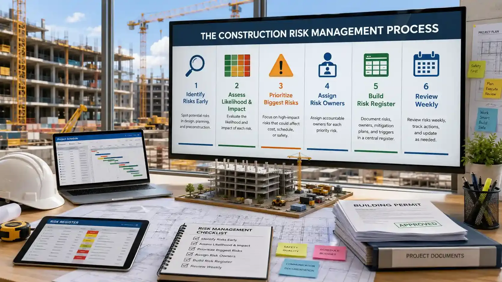 Construction risk management process shown on office display
