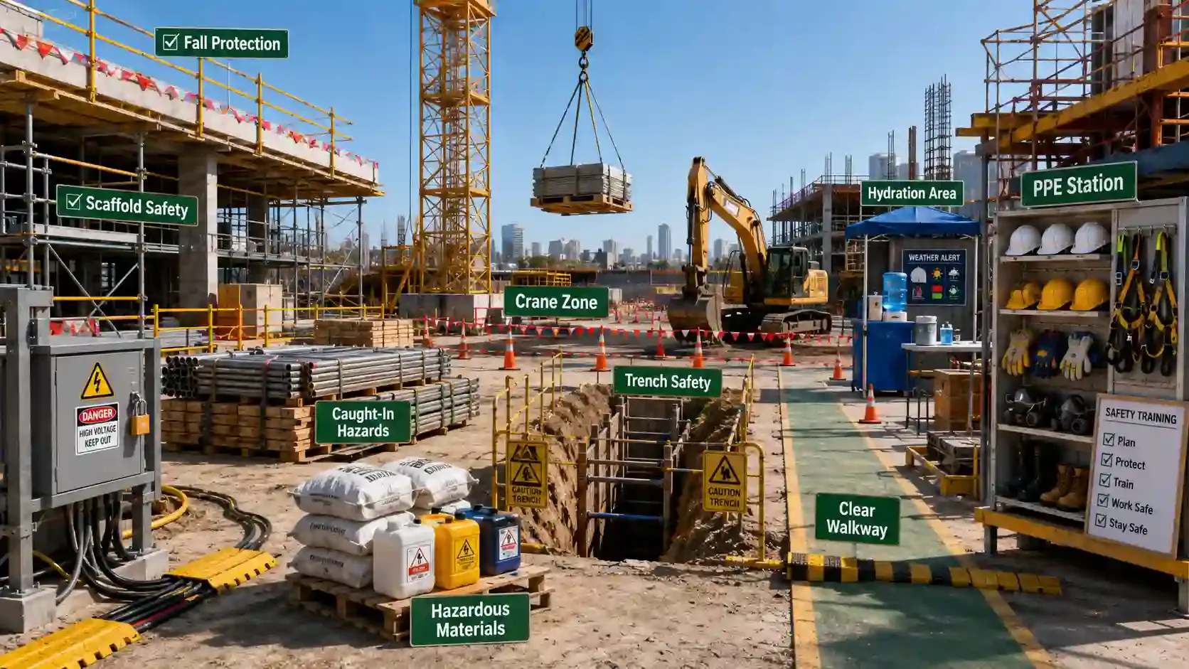 Modern construction site with labeled safety zones and no workers