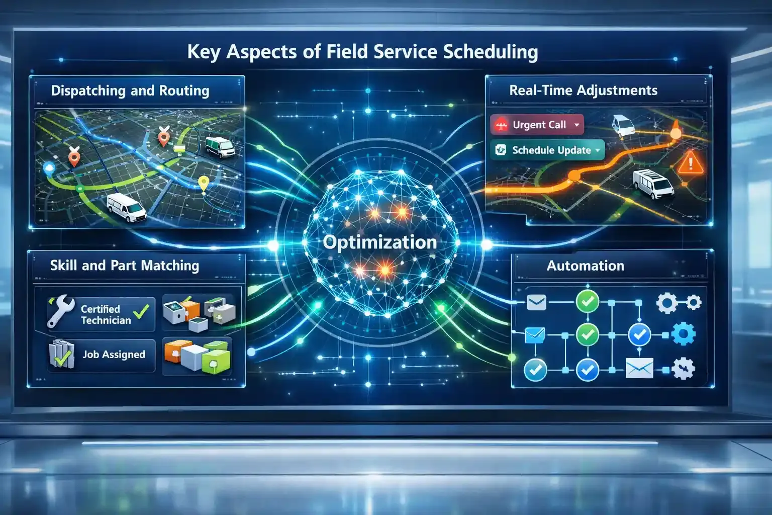 Futuristic dashboard showing AI-driven field service scheduling workflow