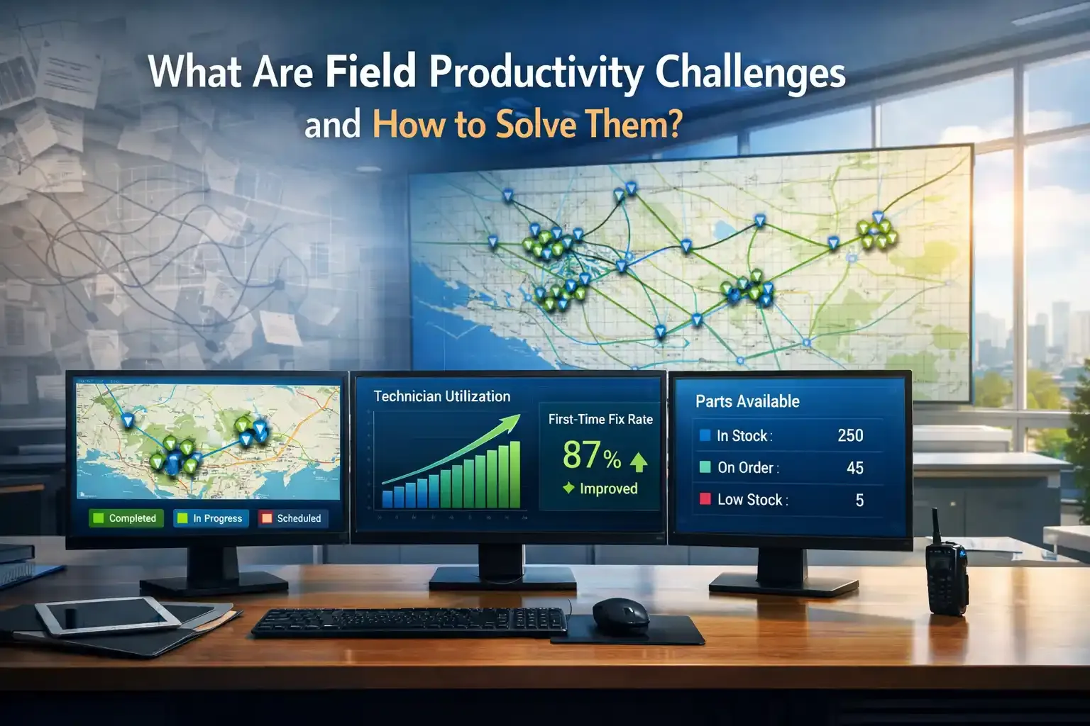 Field service dashboard showing optimized routes and KPIs