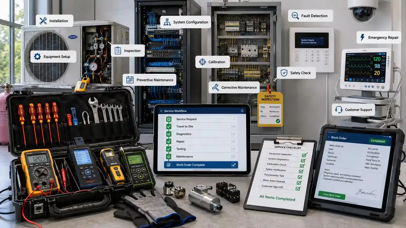 Field service toolkit with repair workflow and equipment panels