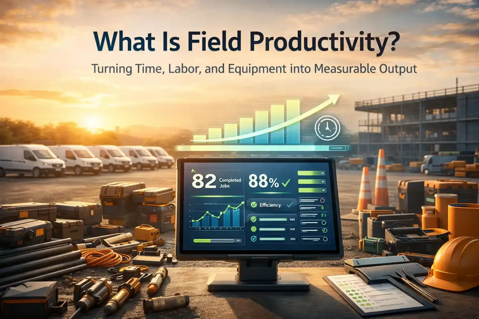 Organized worksite with tablet dashboard showing rising productivity metrics