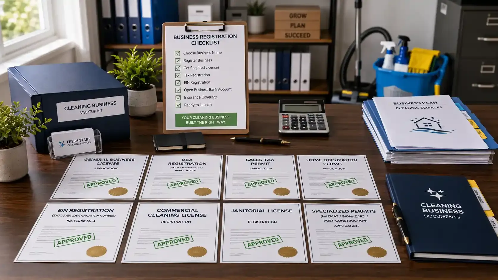 Cleaning business license paperwork and startup documents workspace