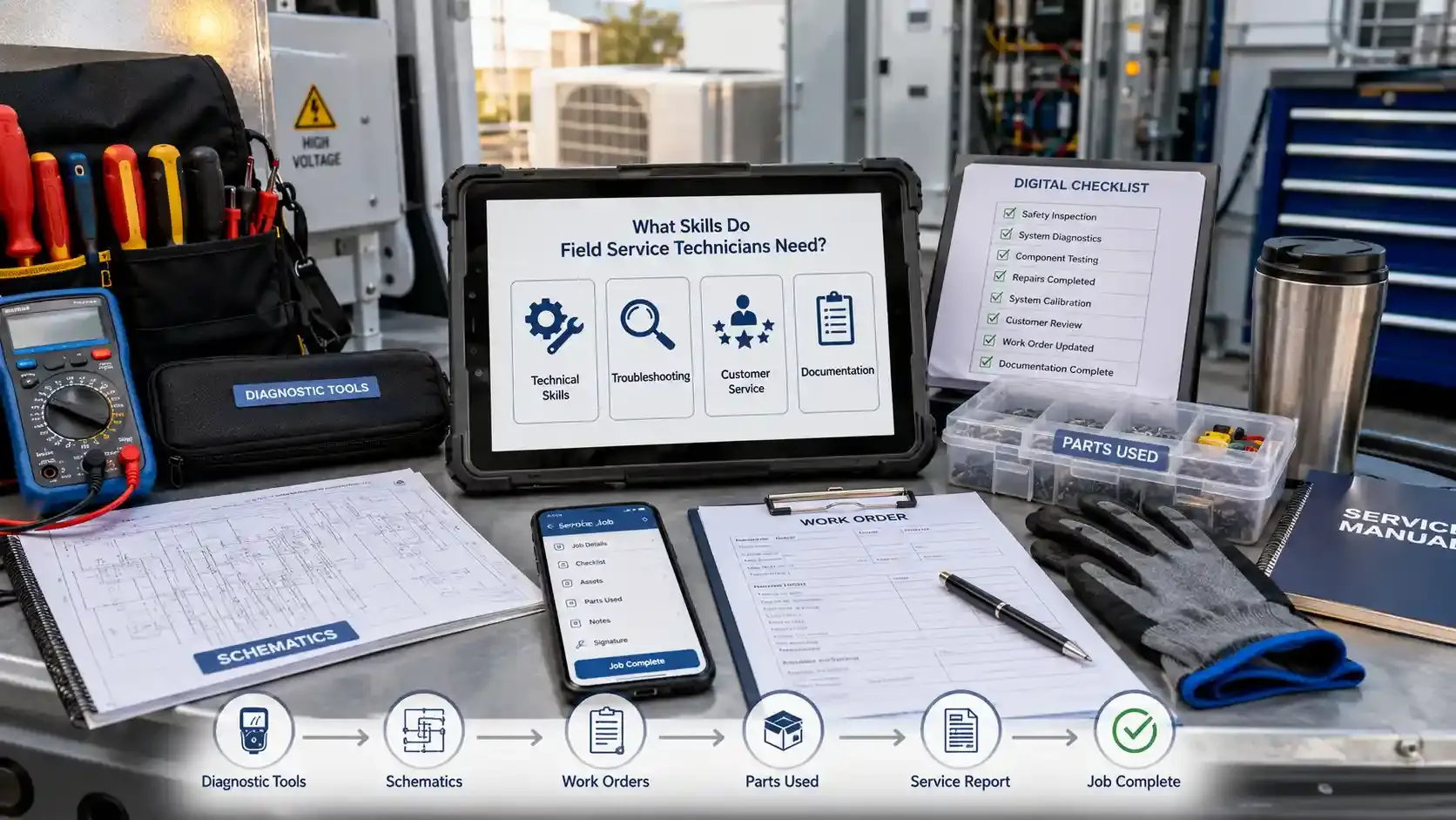 Field service tools and tablet showing technician skill workflow
