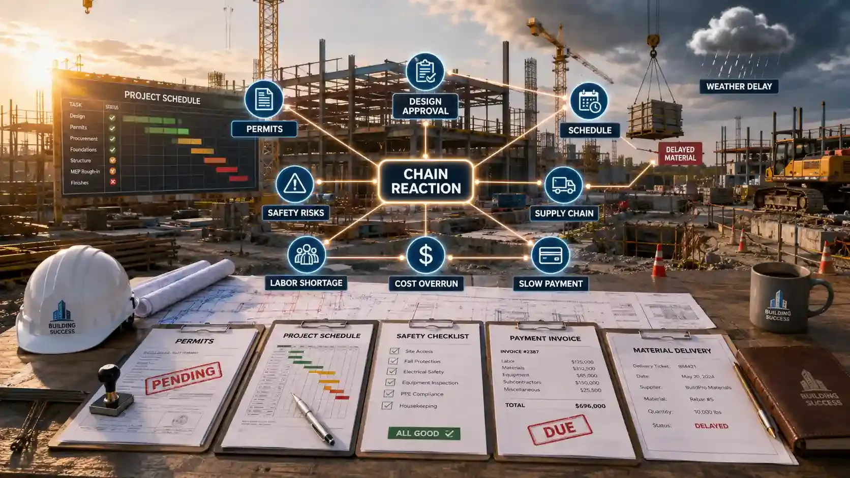 Construction planning documents showing chain-reaction risks on site