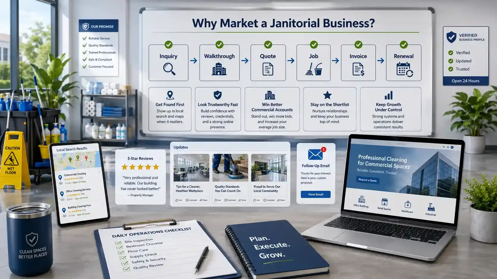 Janitorial marketing workflow in a clean, modern operations office