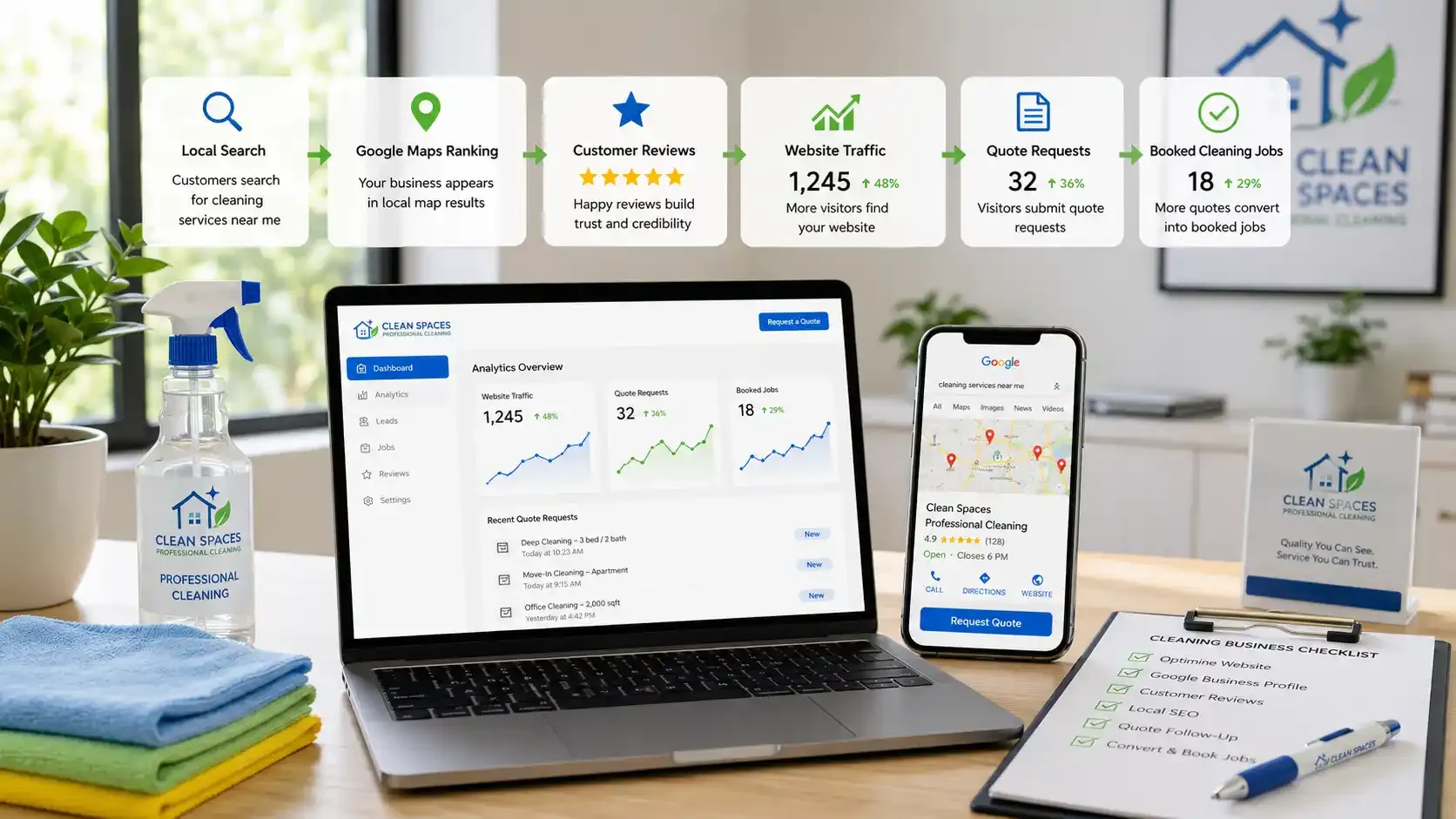 SEO dashboard showing cleaning leads from local search to bookings