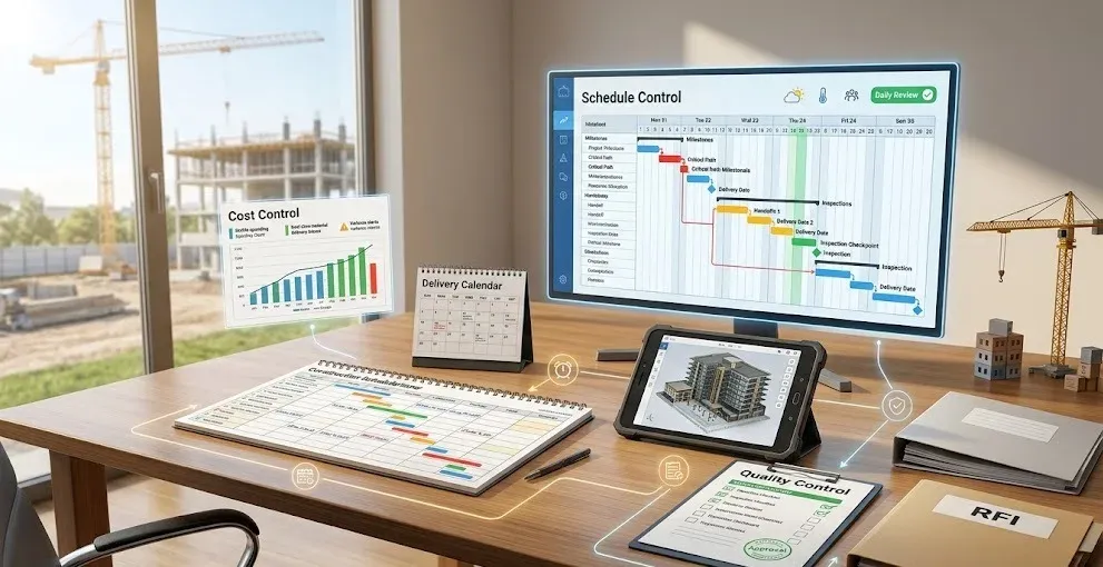Modern construction command table with project control dashboards