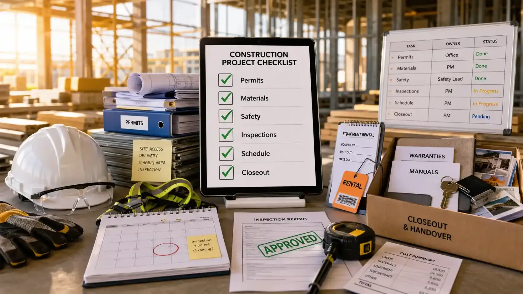 Construction checklist with safety gear, permits, schedule, and closeout items
