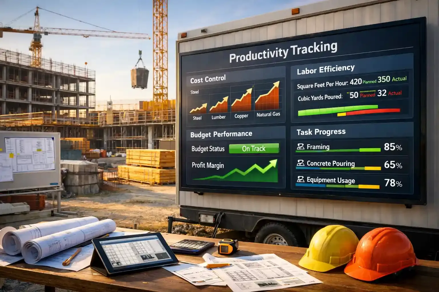 Construction site dashboard showing productivity tracking and cost control metrics
