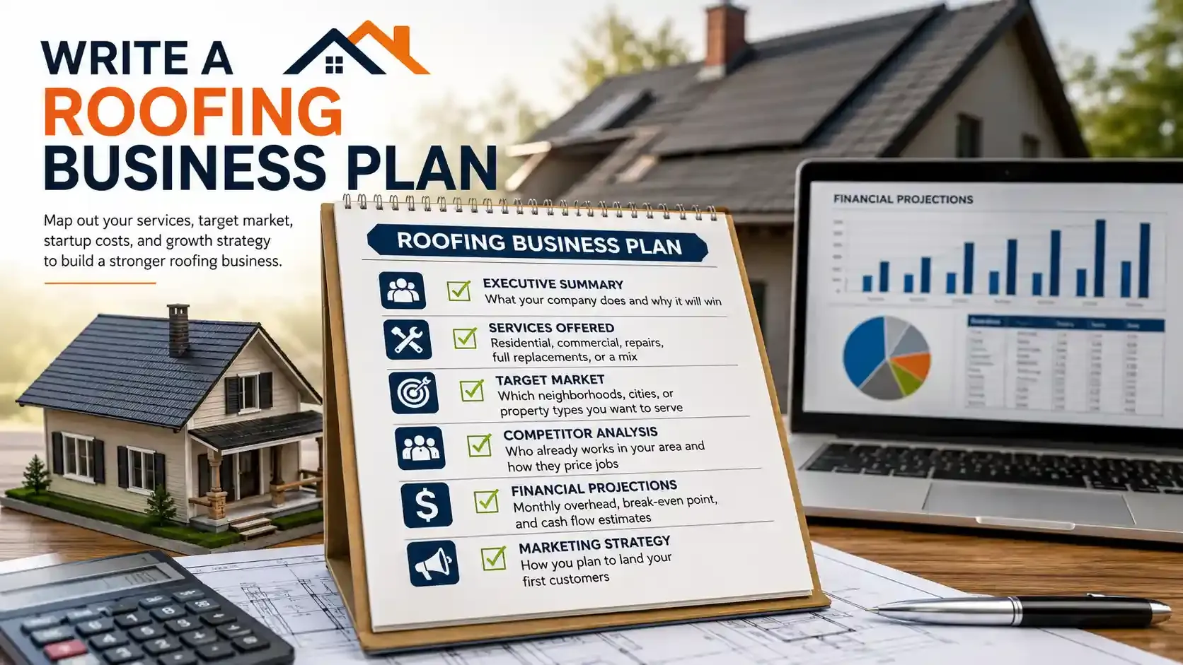 Roofing business plan checklist on desk with financial charts and home model.