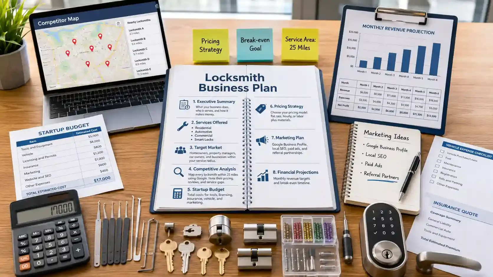 Locksmith business plan with budget, marketing, and financial planning tools