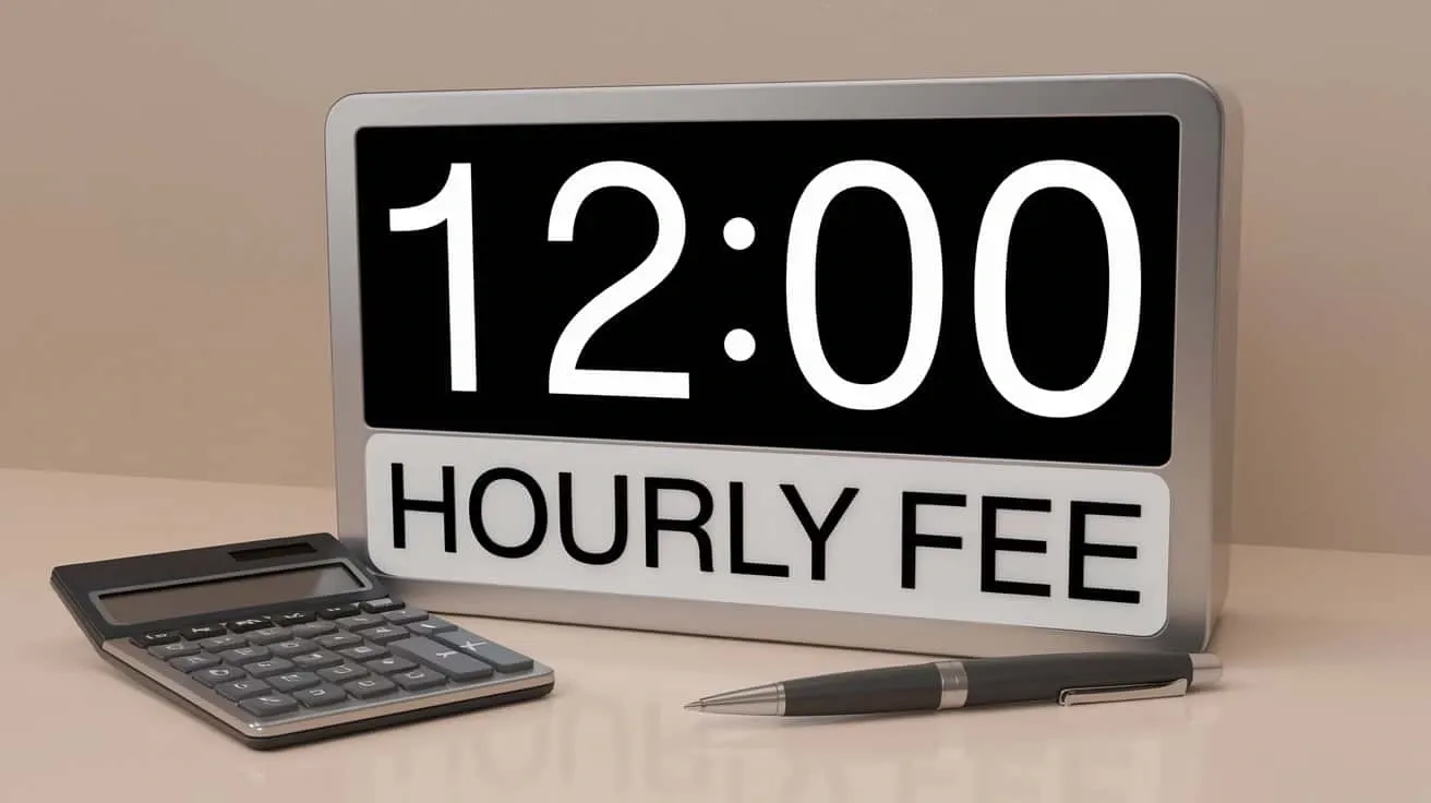 An image showing a calculator and a clock stating hourly fee.