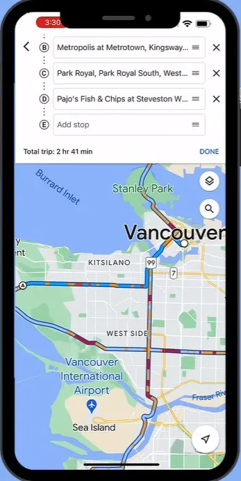 Mobile map showing multi-stop route list and traffic-colored path in Vancouver