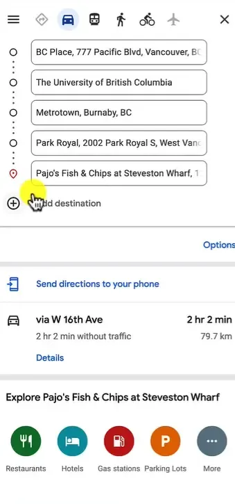 Google Maps directions with multiple stops and Add destination button