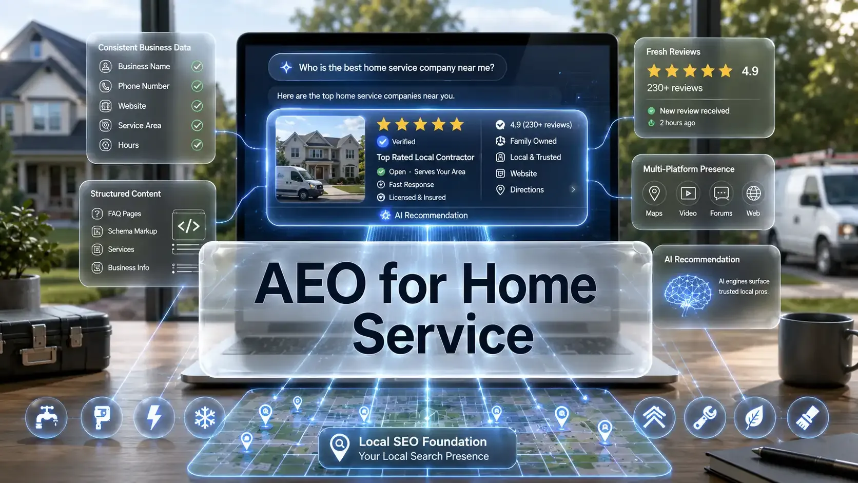 AEO for home service feature image with AI recommendation dashboard