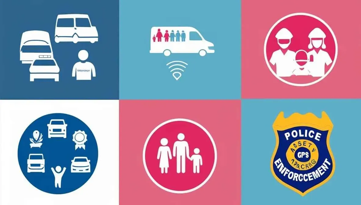 Icons representing common uses of GPS tracking, including police, families, and fleet management.