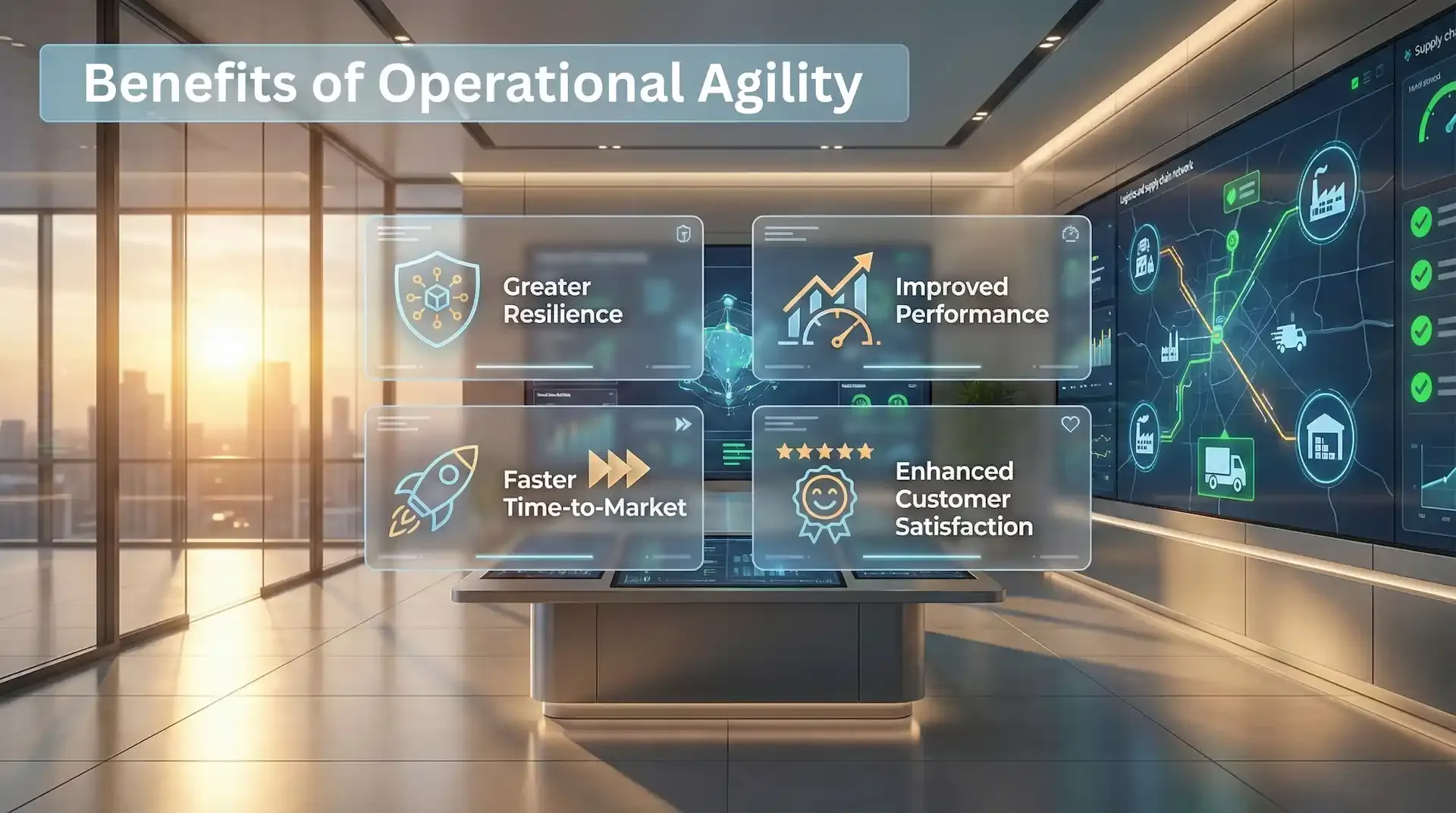 Operational agility benefits screen showing resilience, performance, speed, and satisfaction