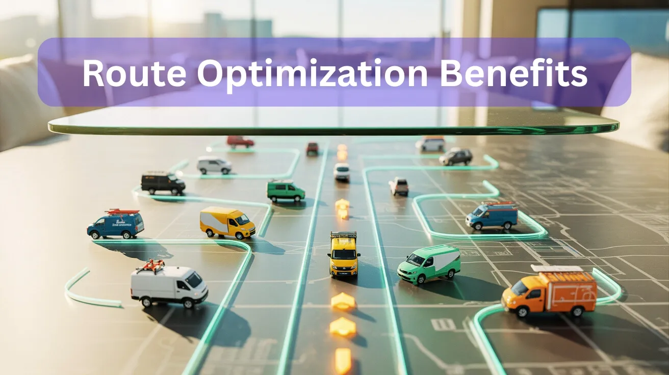 Route optimization benefits banner with vans on glowing mapped routes