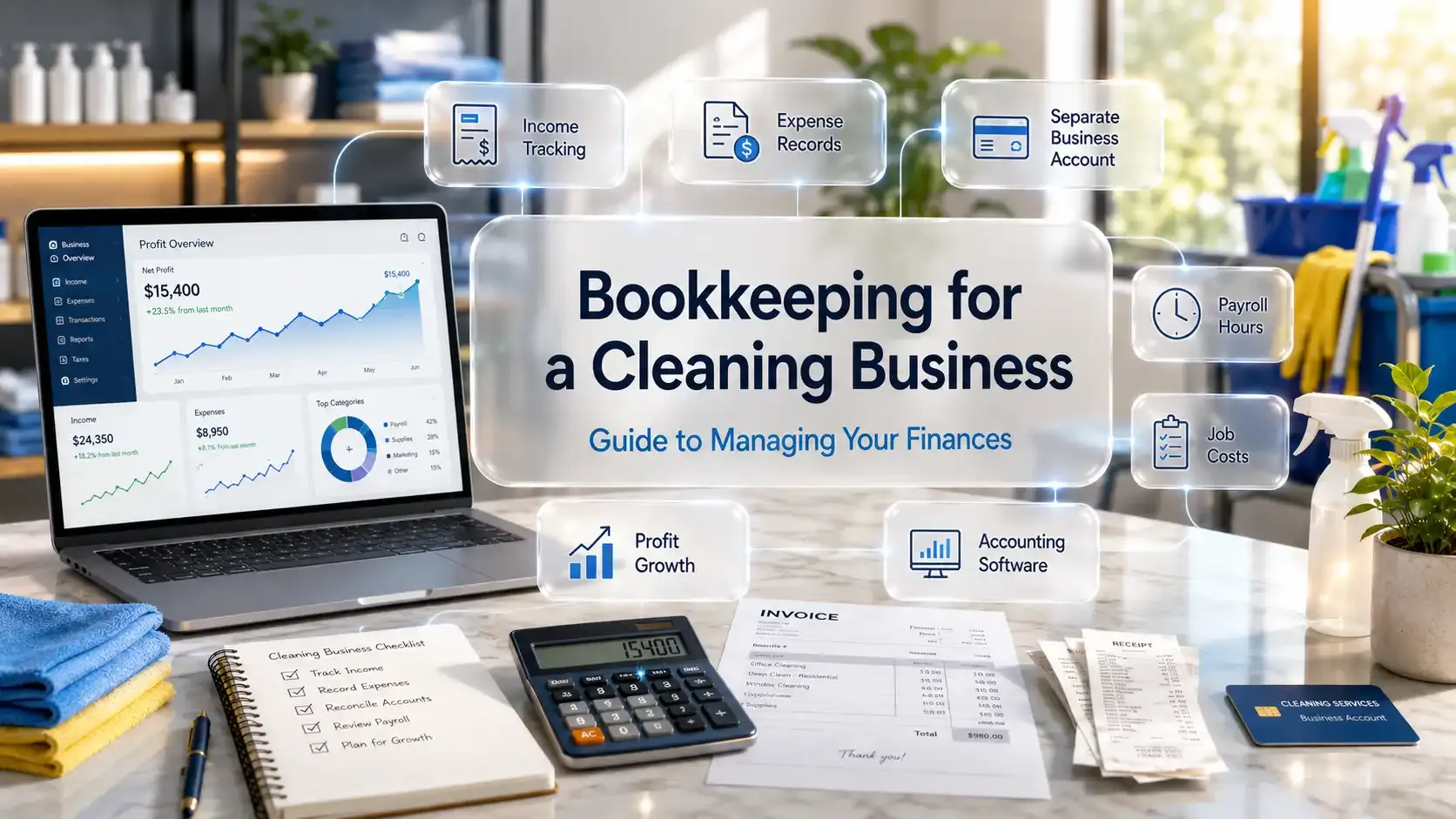 Cleaning business owner reviewing financial records
