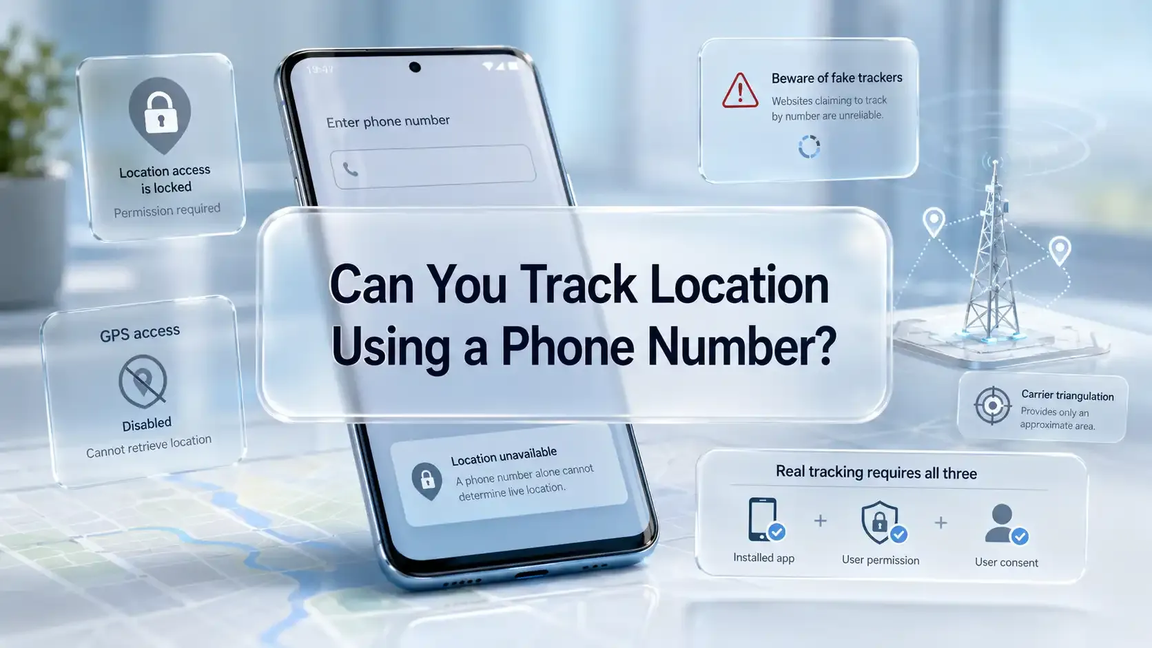 Phone-number location tracking explainer with permission and consent UI