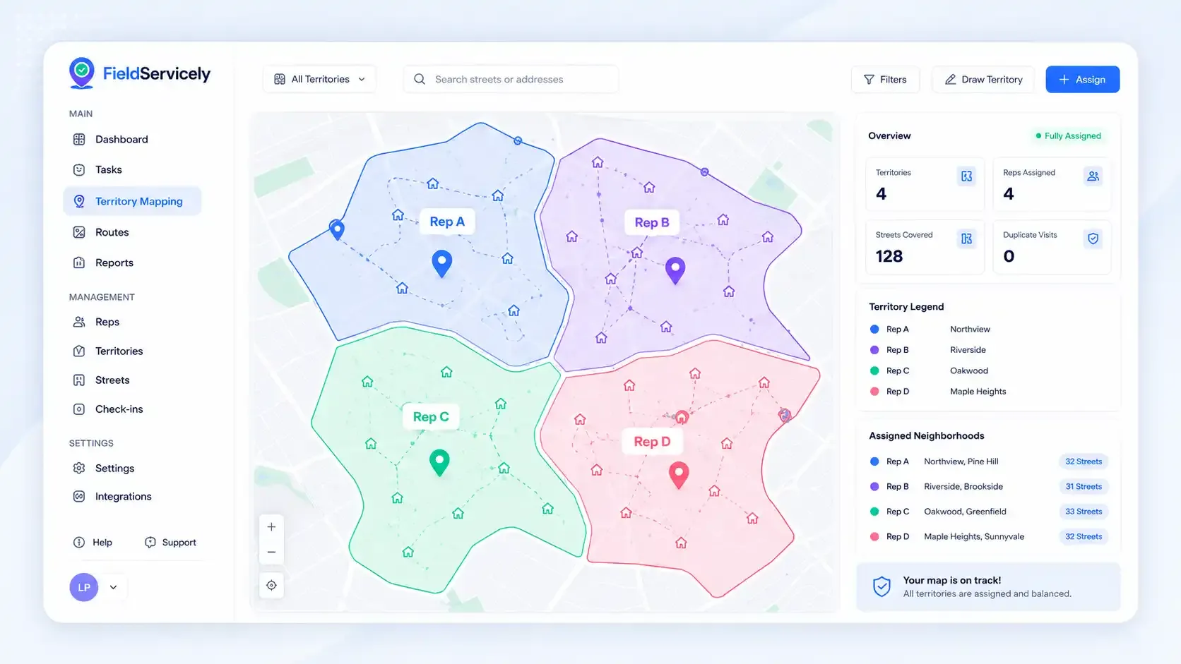 Territory mapping dashboard with rep area assignments
