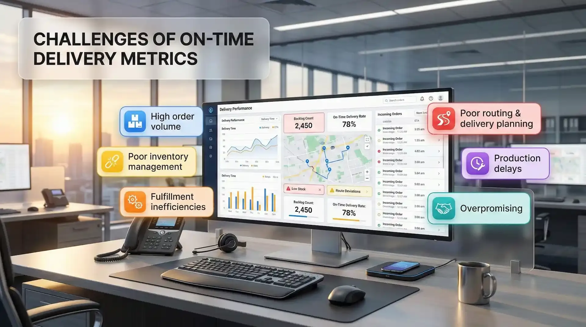 Dashboard shows on-time delivery challenges: volume, inventory, routing