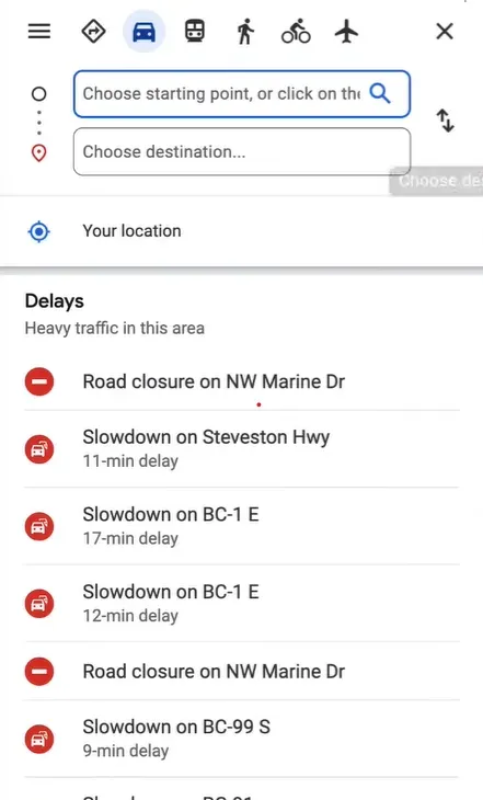 Google Maps showing start and destination fields with traffic delay alerts