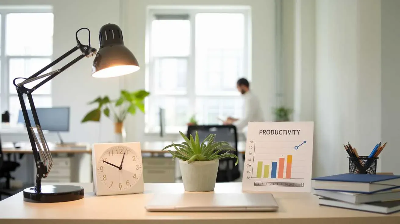 Desk with lamp, clock, plant, productivity chart, and a blurred person in the background.