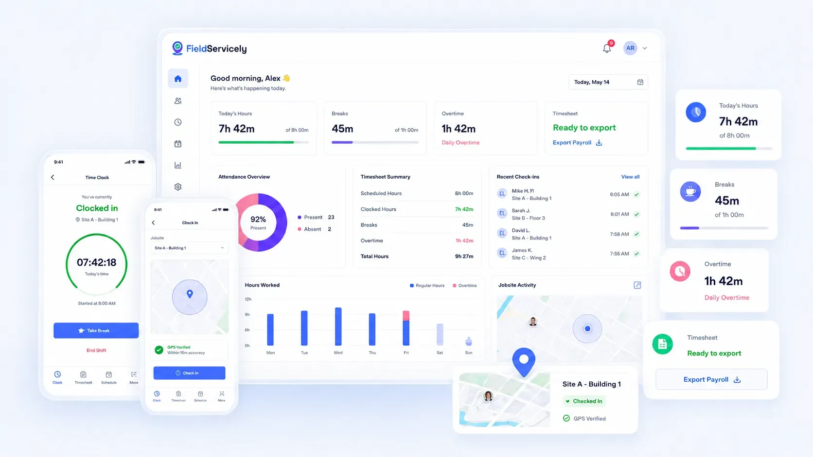 Clock in clock out app dashboard with mobile screens