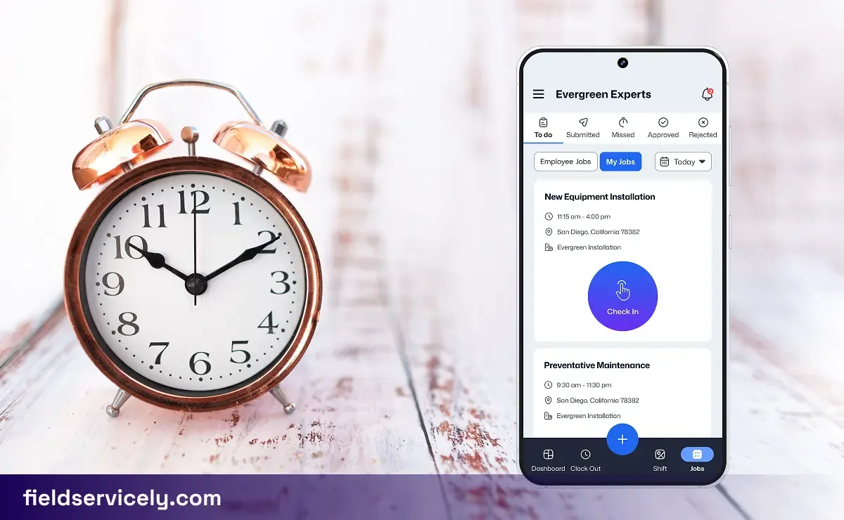 Clock on the left and  screenshot of clock in clock out app on the left