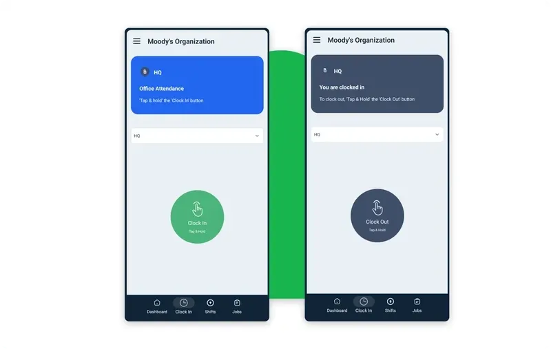 Mobile apps showing clock in and clock out view