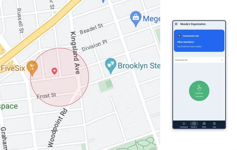 Map showing the job site, with mobile app for clocking in