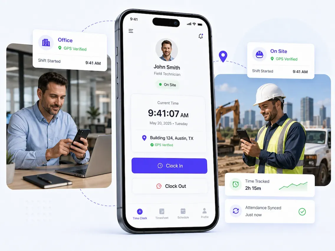 Mobile GPS time clock app for office and onsite crews