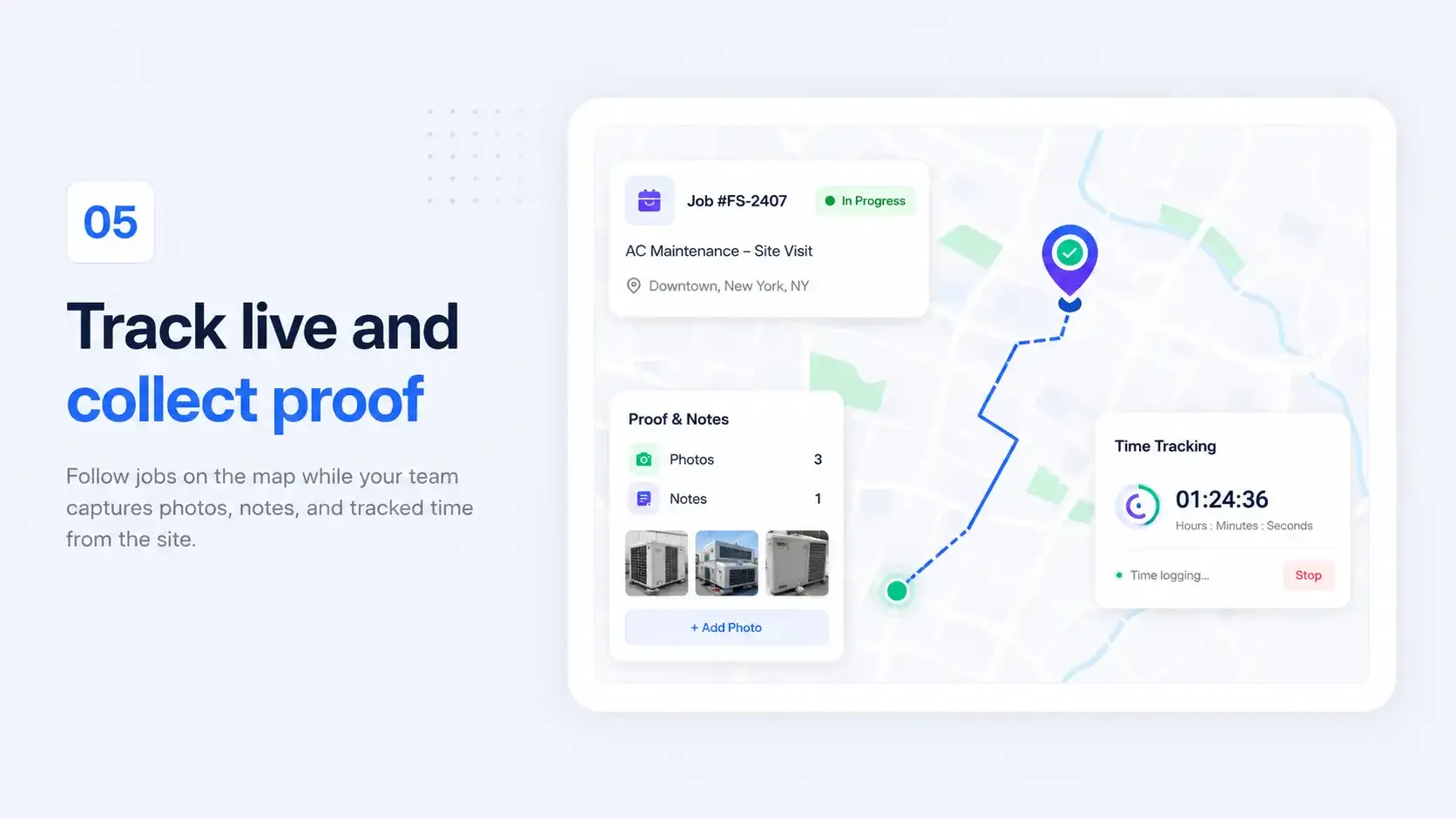 Job proof with gps location and route history tracking