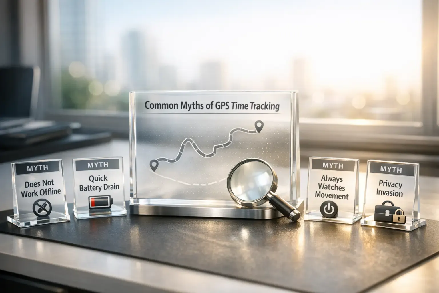 Common myths of GPS time tracking display with a magnifying glass and icons
