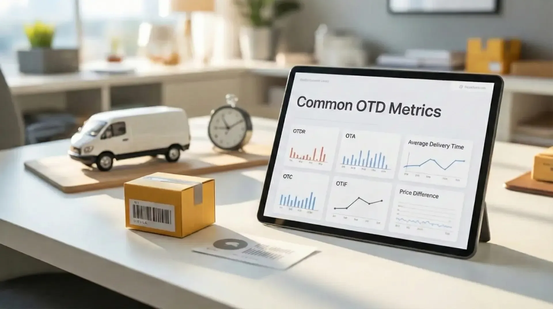 Tablet showing common OTD metrics charts beside package and model van