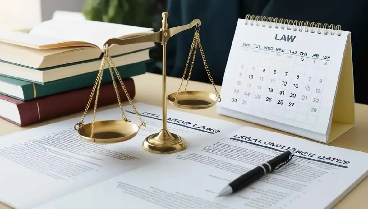 Scales, books, and a calendar with labor law and compliance paperwork on a desk.