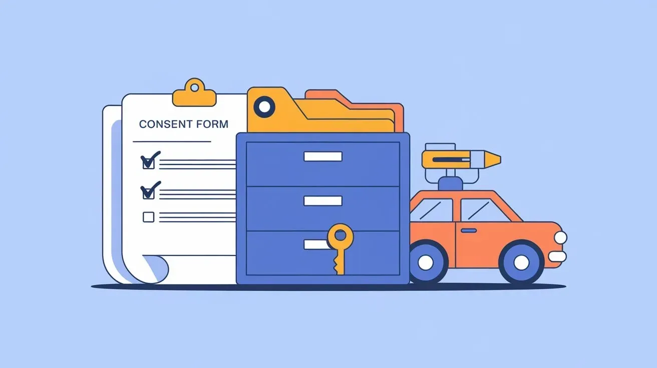 Illustration of a consent form, file cabinet, key, and GPS-tracked car symbolizing data compliance.