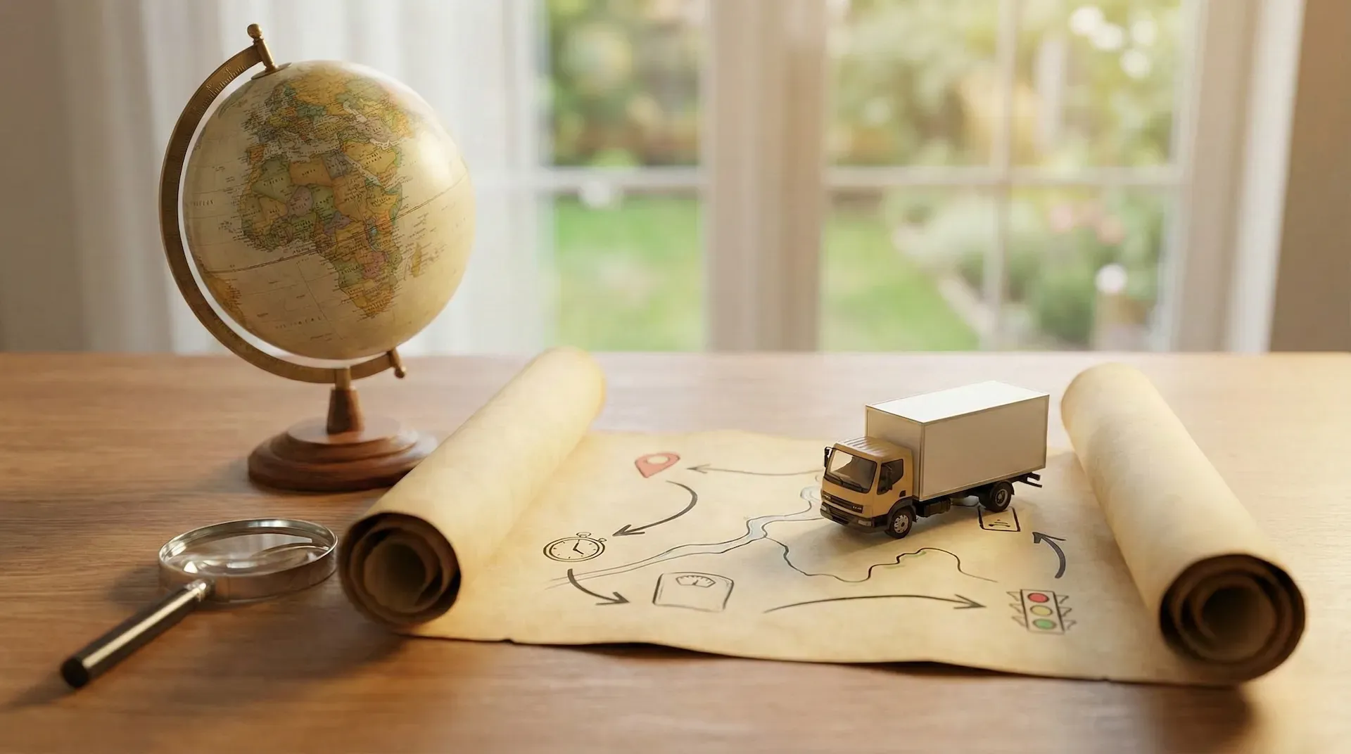 Toy delivery truck on a sketched route map with globe and magnifying glass