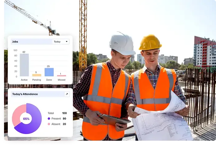 Construction workers reviewing plans with job charts overlay