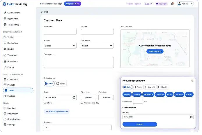 Task creation form with recurring crew scheduling options