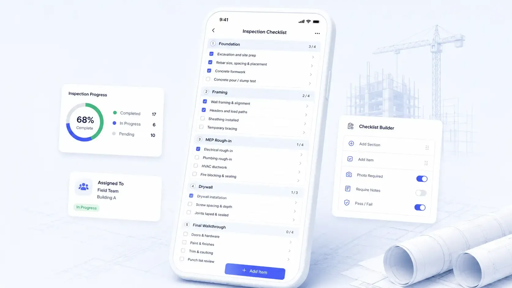 Construction inspection checklist mobile app screen