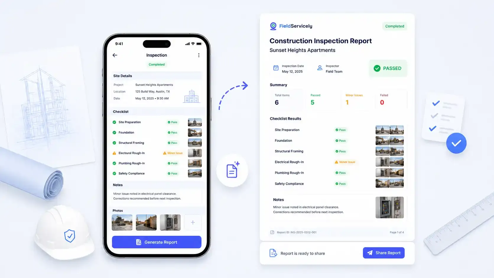 Construction inspection report app with pass summary